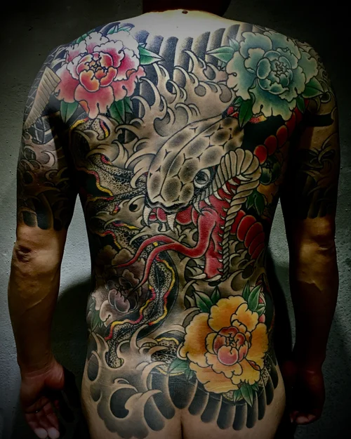 Full back Japanese tattoo — custom work at Tough Tiger